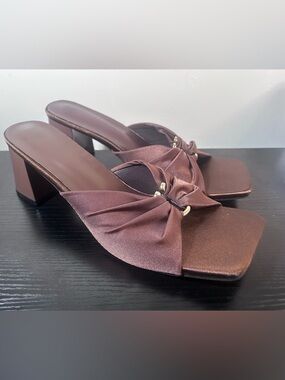 Othr Brown Satin Knot Block Heel Mules